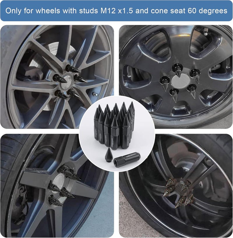 JDMSPEED 20PCS M12X1.5 Cap Spiked Extended Tuner 60mm Aluminum Lug Nuts - Black - Image 2