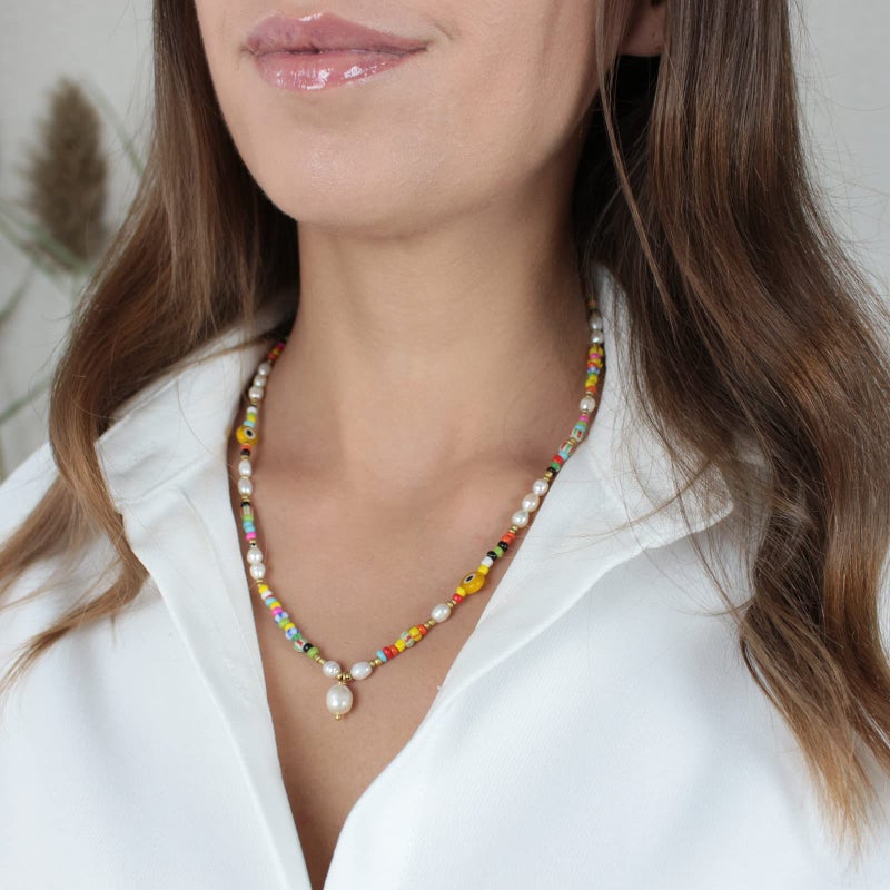 Wellike Freshwater Pearl Beaded Necklace for Women Handmade Boho Colorful Glass Beads Choker Necklace Stainless Steel 18K Gold Plated Bohemian Women Summer Jewelry Gifts (KKWX1150) - Image 3