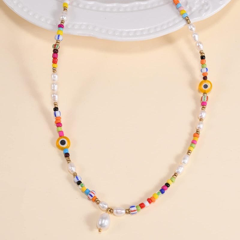 Wellike Freshwater Pearl Beaded Necklace for Women Handmade Boho Colorful Glass Beads Choker Necklace Stainless Steel 18K Gold Plated Bohemian Women Summer Jewelry Gifts (KKWX1150) - Image 5