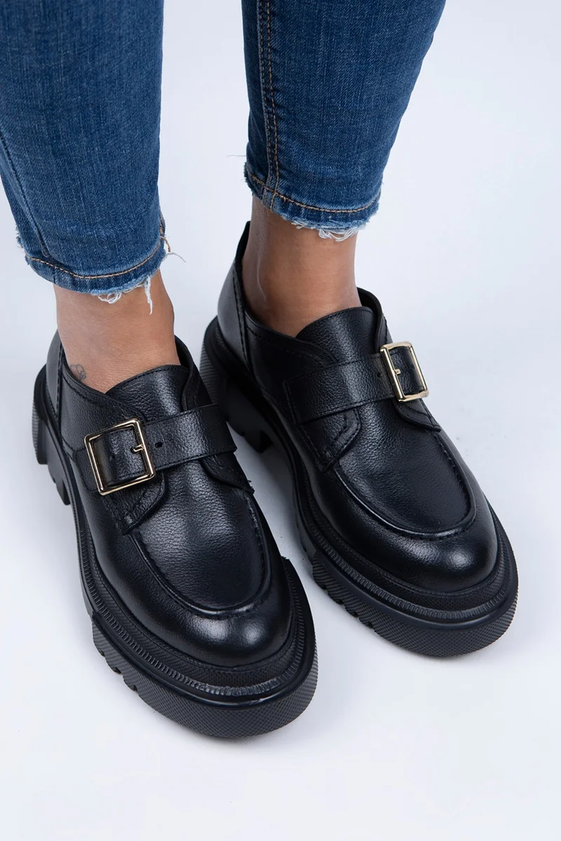 Manijero Manijero Gloria Women's Genuine Leather Loafer Shoes with Buckle and Belt, Black