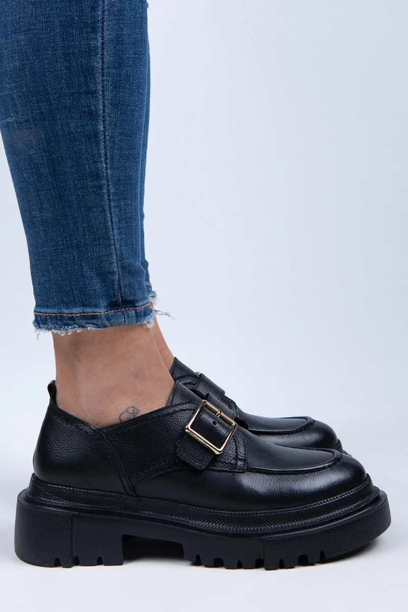 Manijero Manijero Gloria Women's Genuine Leather Loafer Shoes with Buckle and Belt, Black