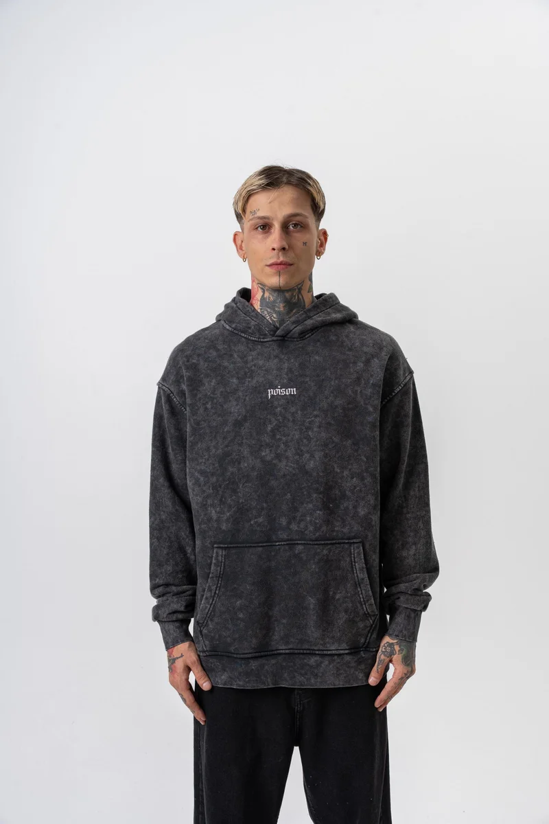 RESPIRE Men's Snake Printed Washed Hooded Oversize Hoodie Black