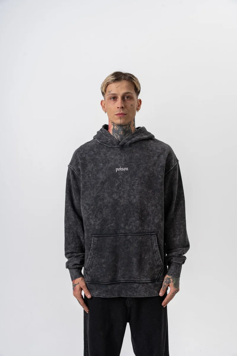 ريسباير هودي رجالي واسع (Oversize) بغطاء رأس مغسول ومطبوع بأفعى (Snake) لون أسود