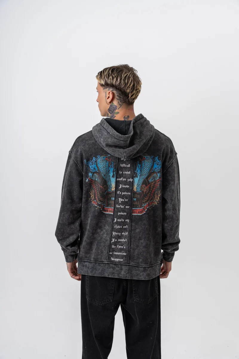 RESPIRE Men's Snake Printed Washed Hooded Oversize Hoodie Black