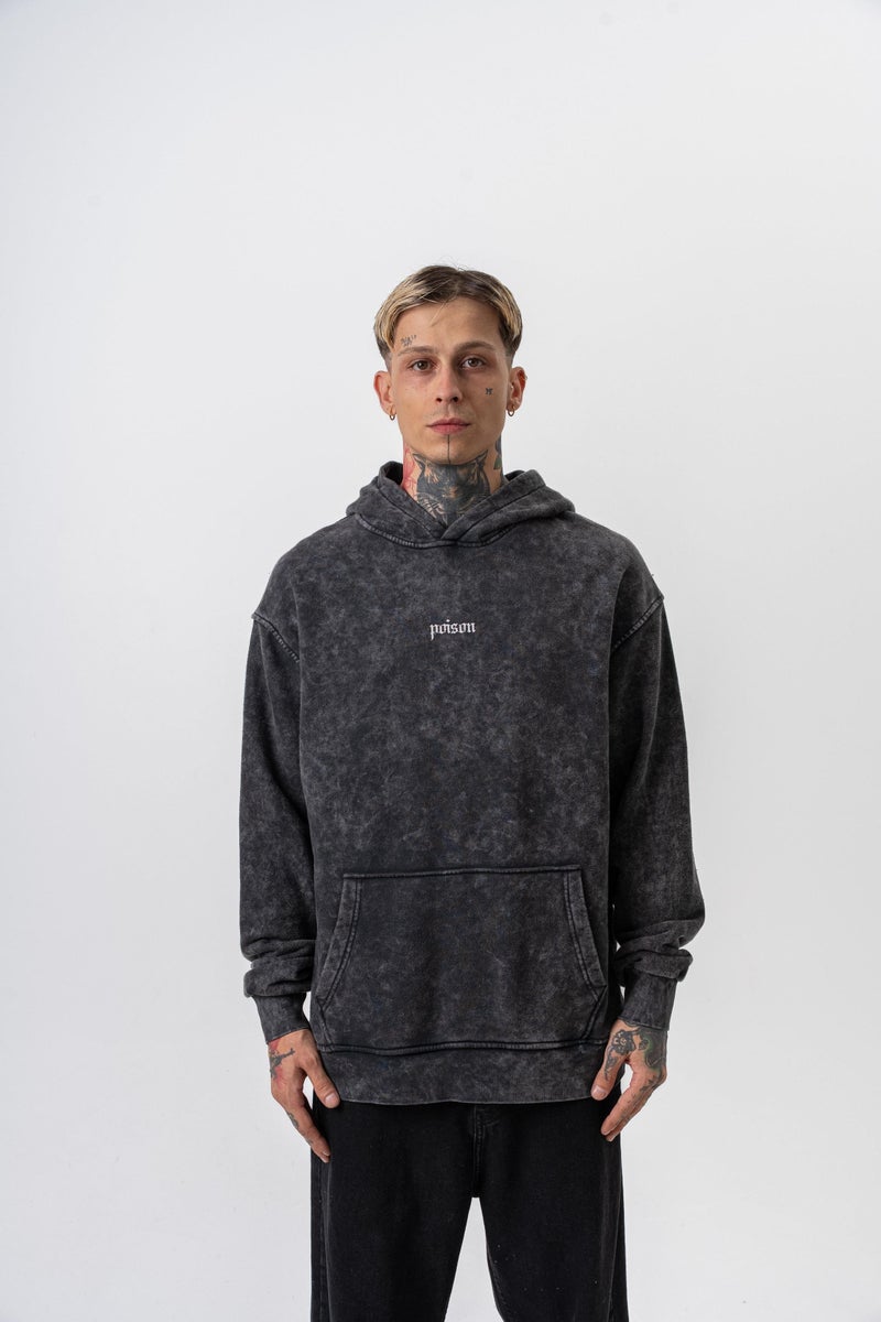 ريسباير هودي رجالي واسع (Oversize) بغطاء رأس مغسول ومطبوع بأفعى (Snake) لون أسود - Image 1