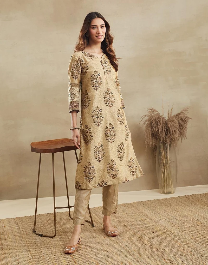 Fabindia Beige Cotton Silk Long Kurta