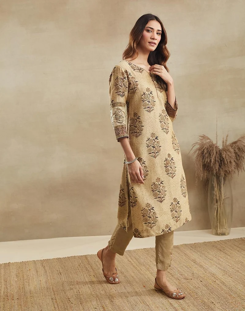 Fabindia  Beige Cotton Silk Long Kurta for Women | Best Price UAE