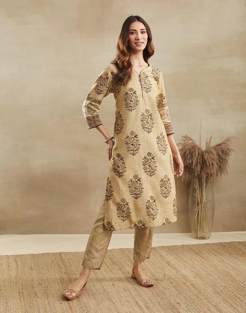 Fabindia Beige Cotton Silk Long Kurta