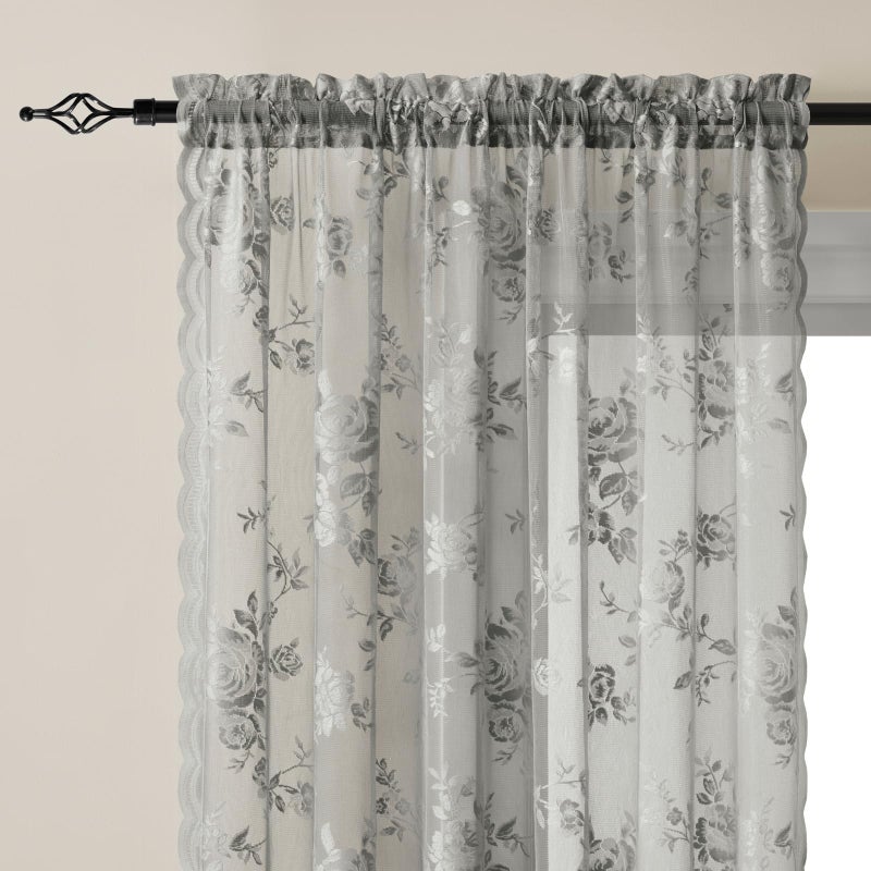 SEEKRIGHT Gray Lace Curtains 84 Inches Long 2 Panels Victorian Grey Floral Sheer Curtains for Living Room Bedroom Botanical Embroidery Decor Rod Pocket Light Filtering Window Curtain for Dining Room, 52x84 - Image 3