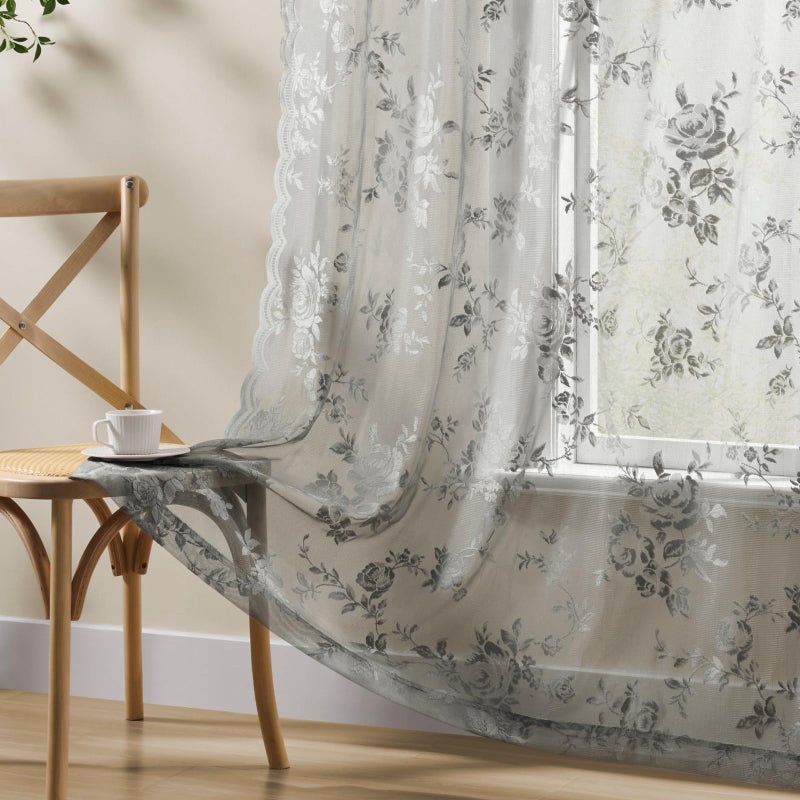 SEEKRIGHT Gray Lace Curtains 84 Inches Long 2 Panels Victorian Grey Floral Sheer Curtains for Living Room Bedroom Botanical Embroidery Decor Rod Pocket Light Filtering Window Curtain for Dining Room, 52x84 - Image 5