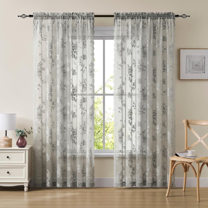SEEKRIGHT Gray Lace Curtains 84 Inches Long 2 Panels Victorian Grey Floral Sheer Curtains for Living Room Bedroom Botanical Embroidery Decor Rod Pocket Light Filtering Window Curtain for Dining Room, 52x84 - Image 2