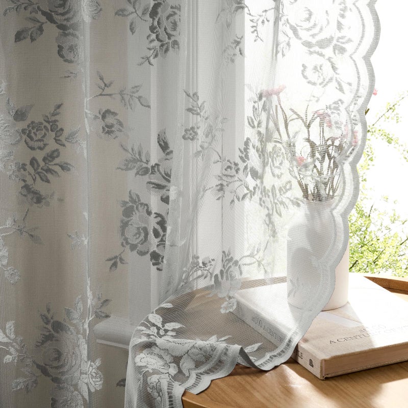 SEEKRIGHT Gray Lace Curtains 84 Inches Long 2 Panels Victorian Grey Floral Sheer Curtains for Living Room Bedroom Botanical Embroidery Decor Rod Pocket Light Filtering Window Curtain for Dining Room, 52x84 - Image 1