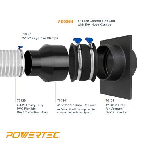 POWERTEC 70369 4 Inch Dust Control Flex Cuff with Adjustable Key Hose Clamps, Hose Connector Rubber Cuff Coupler for Woodworking Dust Collection Fittings, Dust Collector Accessories & Machinery, 1pk - Image 2