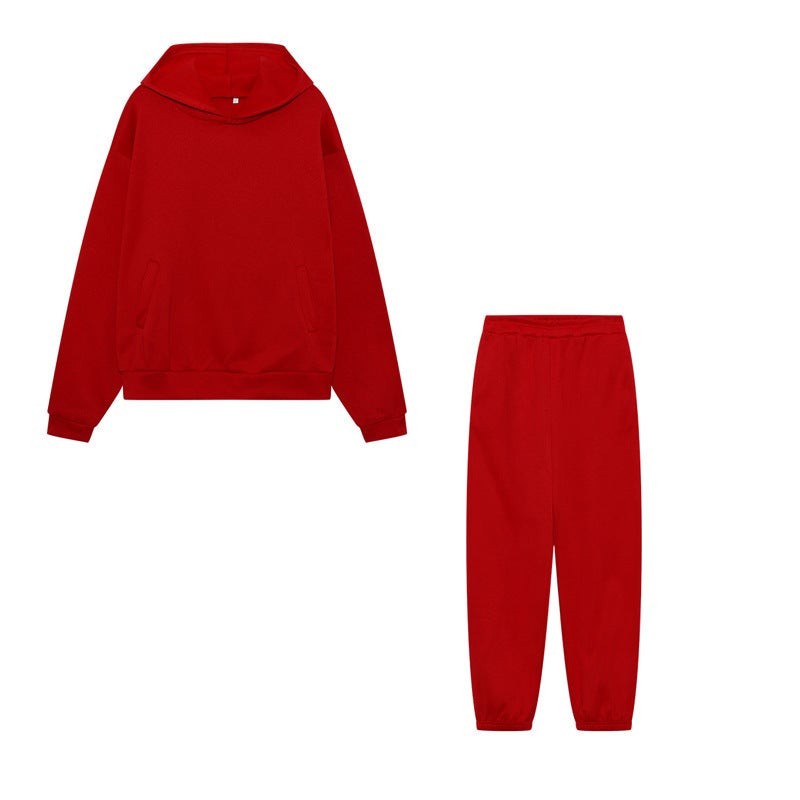 African European and American autumn and winter cross-border fashion casual womens clothing thickened long-sleeved hooded sweater trousers two-piece suit for women Bright red