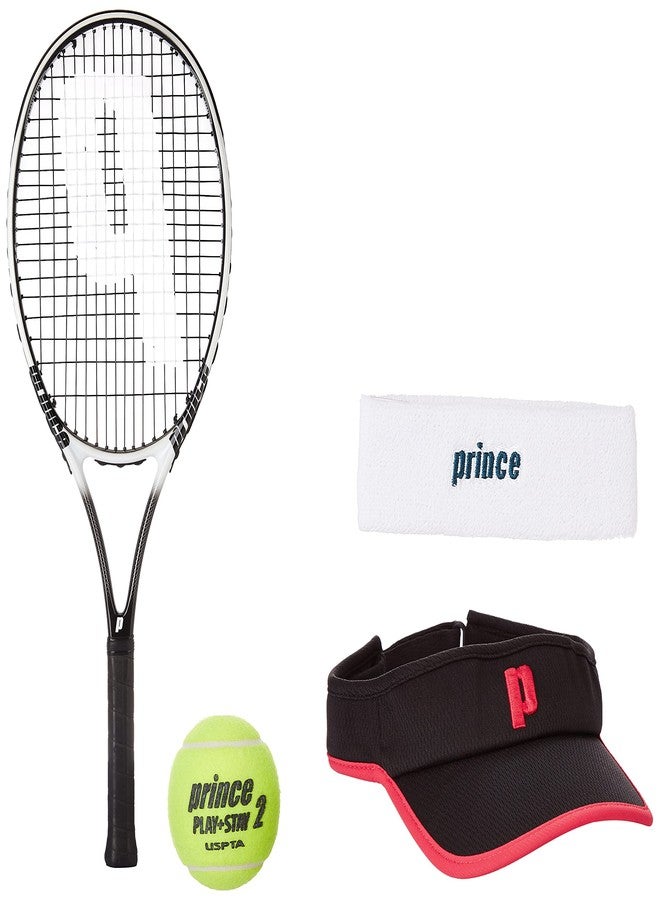 برنس مضرب تنس برينس ثاندر 26، كرة تنس برينس ستيج 2 برتقالية قياسية، 12 كرة مع واقي أسود وردي وشريط رأس أبيض كحلي داكن - Image 1