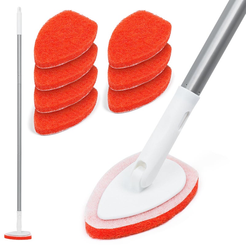 MAVRIZ Bathtub Scrubber with Long Handle - Shower Scrub Brush with 8 Replacement Scouring Pads, Bathroom Cleaning Brush for Tub, Tile, Floor - Image 1