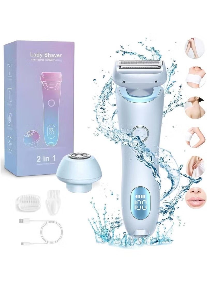 الحلاقة الكهربائية للنساء 2 في 1 الحلاقة الكهربائية للنساء ساقين تحت ذراعين الوجه الشعر العاصبي,رطب جاف استخدام القابل لإعادة الشحن إزالة الشعر المقطع مع رأس قابل للفصل,بلا ألم IPX7 أزرق مقاوم للماء - Image 1