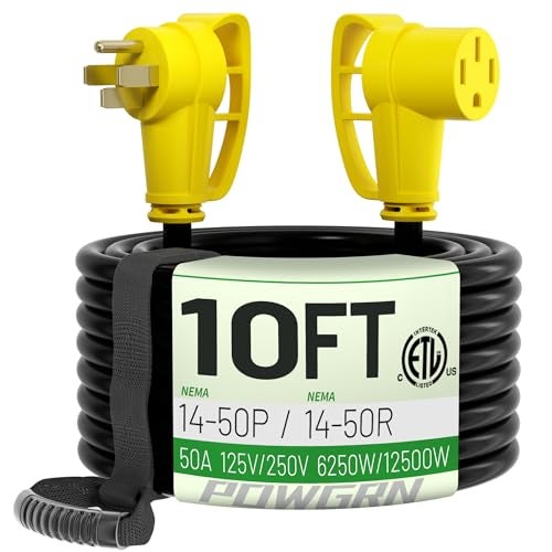 POWGRN NEMA 14-50P to NEMA 14-50R 50 Amp RV/EV Extension Cord 10 FT Outdoor with Grip Handle, Flexible Heavy Duty RV Power Cord Waterproof, 50A 125/250V 6250/12500W STW, Black-Yellow, ETL Listed - Image 1