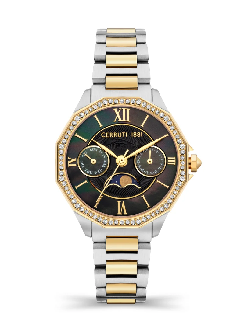 شيروتي 1881 Stainless Steel Gold Tone Moon Phase Watch Gunmetal Mother Of Pearl Dial