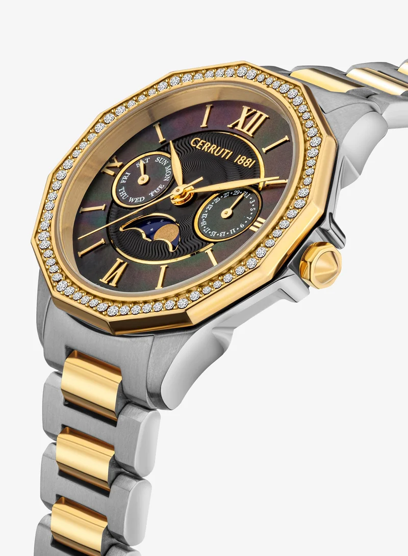 شيروتي 1881 Stainless Steel Gold Tone Moon Phase Watch Gunmetal Mother Of Pearl Dial