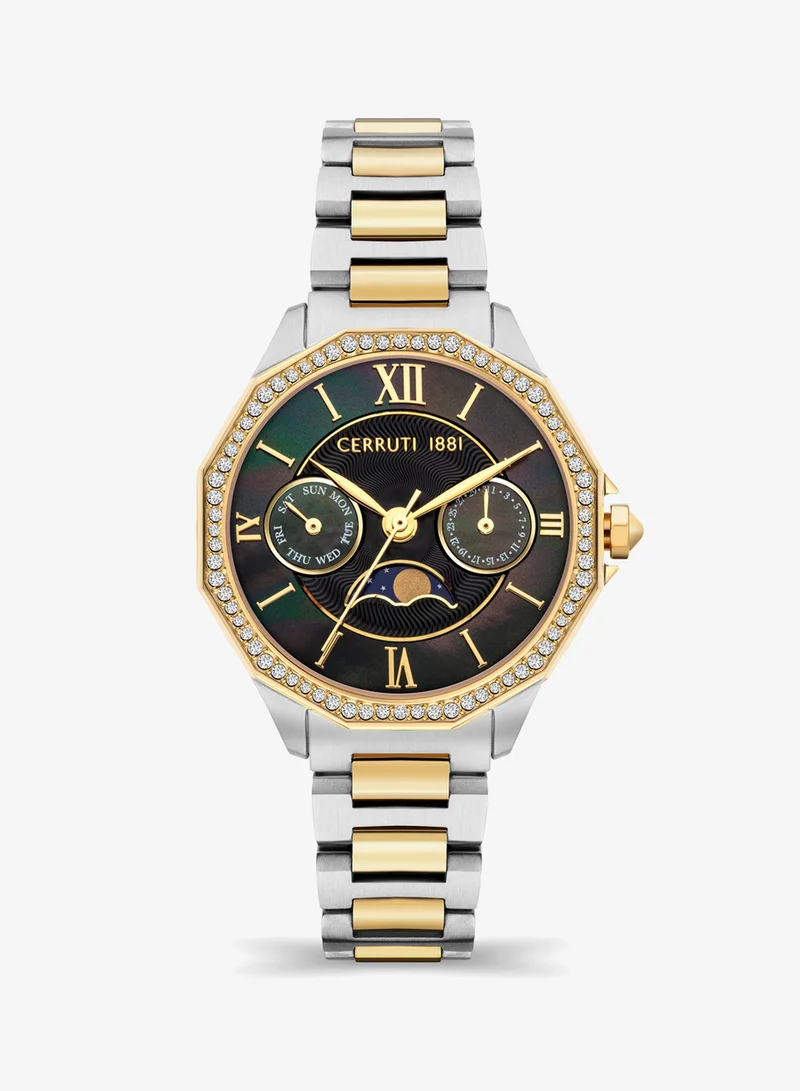 شيروتي 1881 Stainless Steel Gold Tone Moon Phase Watch Gunmetal Mother Of Pearl Dial