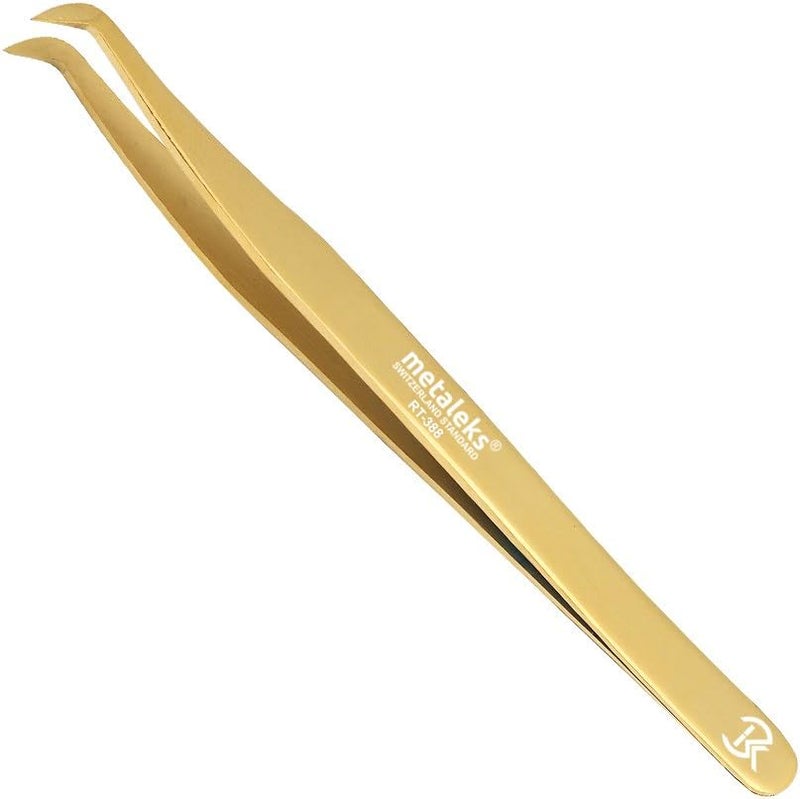 metaleks Tweezers for Eyelash Extension Hand Crafted Surgical Stainless Steel L Shape Tip Tweezers. (Golden Titanium Coated.)