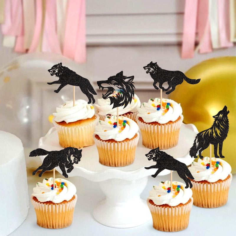 Ercadio 25 PCS Black Wolf Cupcake Toppers Silhouette Black Glitter Cupcake Topper Wolf Cupcake Decoration Picks Animal Theme for Baby Shower Kids Birthday Party Decoration Supplies - Image 4