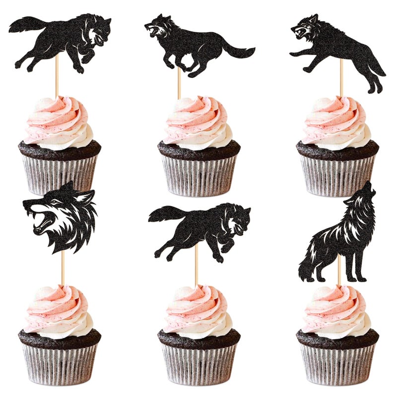 Ercadio 25 PCS Black Wolf Cupcake Toppers Silhouette Black Glitter Cupcake Topper Wolf Cupcake Decoration Picks Animal Theme for Baby Shower Kids Birthday Party Decoration Supplies - Image 1