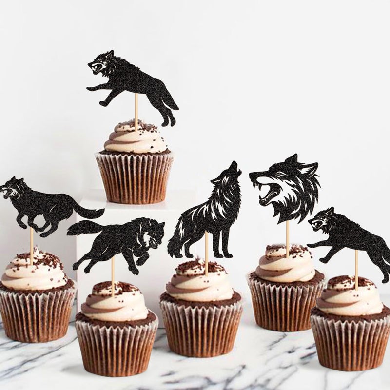 Ercadio 25 PCS Black Wolf Cupcake Toppers Silhouette Black Glitter Cupcake Topper Wolf Cupcake Decoration Picks Animal Theme for Baby Shower Kids Birthday Party Decoration Supplies - Image 5