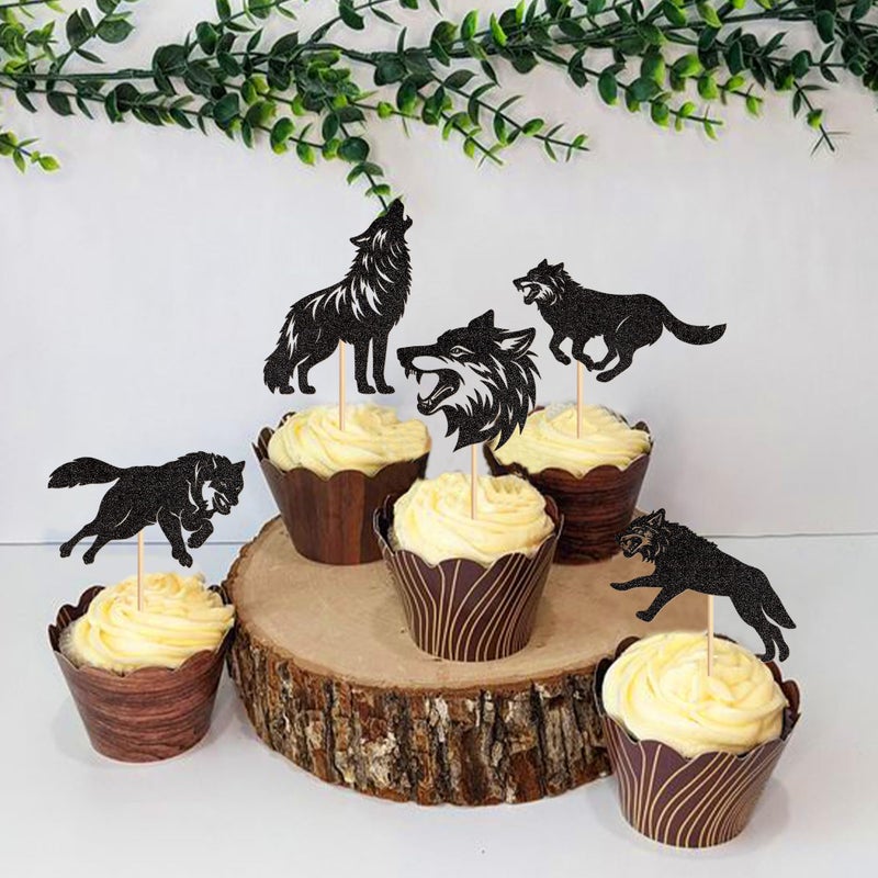 Ercadio 25 PCS Black Wolf Cupcake Toppers Silhouette Black Glitter Cupcake Topper Wolf Cupcake Decoration Picks Animal Theme for Baby Shower Kids Birthday Party Decoration Supplies - Image 3