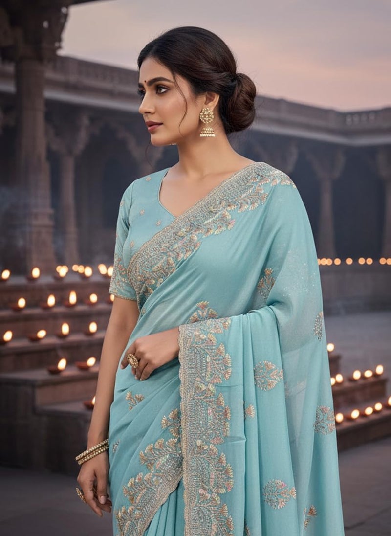 Glory Sarees Women's Georgette Silk Embroidery Work Saree With Blouse Piece (Mayura101_TurquoiseBlue) - Image 3
