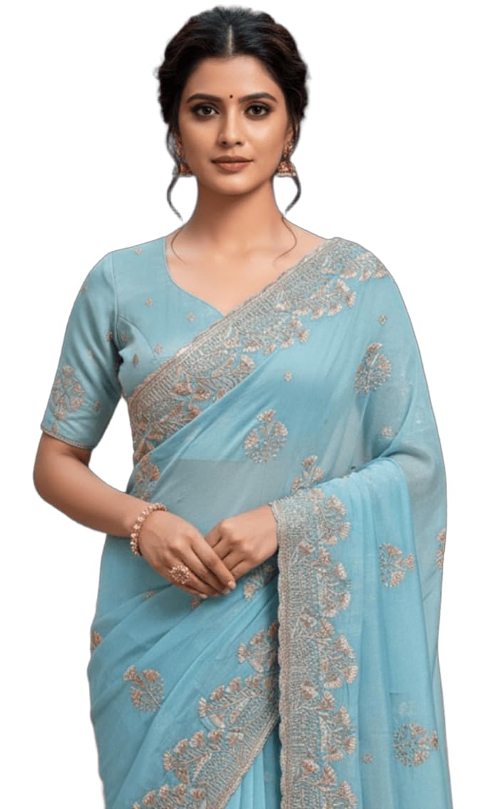 Glory Sarees Women's Georgette Silk Embroidery Work Saree With Blouse Piece (Mayura101_TurquoiseBlue) - Image 1