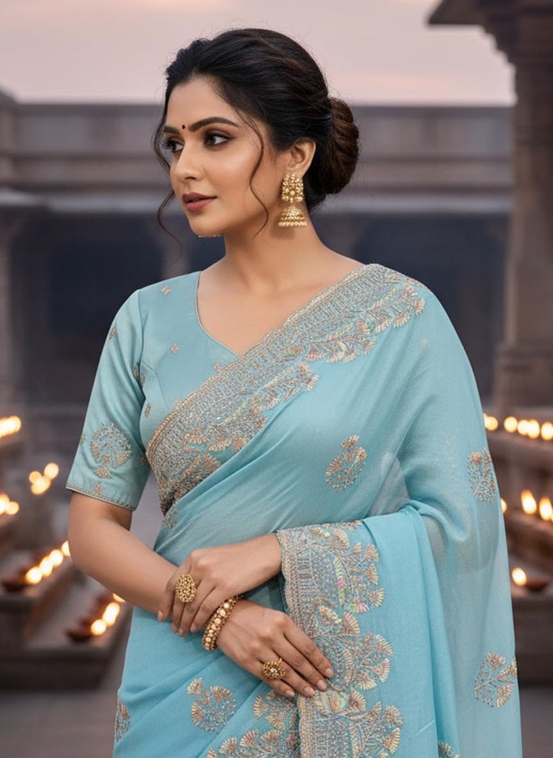 Glory Sarees Women's Georgette Silk Embroidery Work Saree With Blouse Piece (Mayura101_TurquoiseBlue) - Image 4