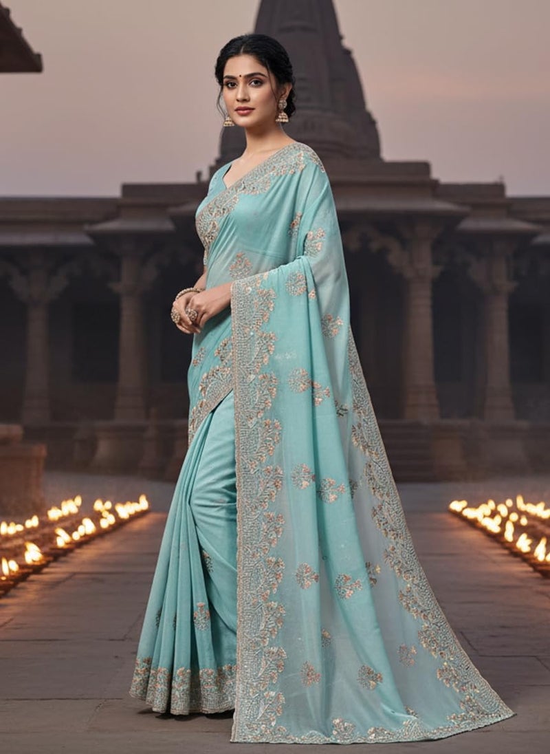 Glory Sarees Women's Georgette Silk Embroidery Work Saree With Blouse Piece (Mayura101_TurquoiseBlue) - Image 2