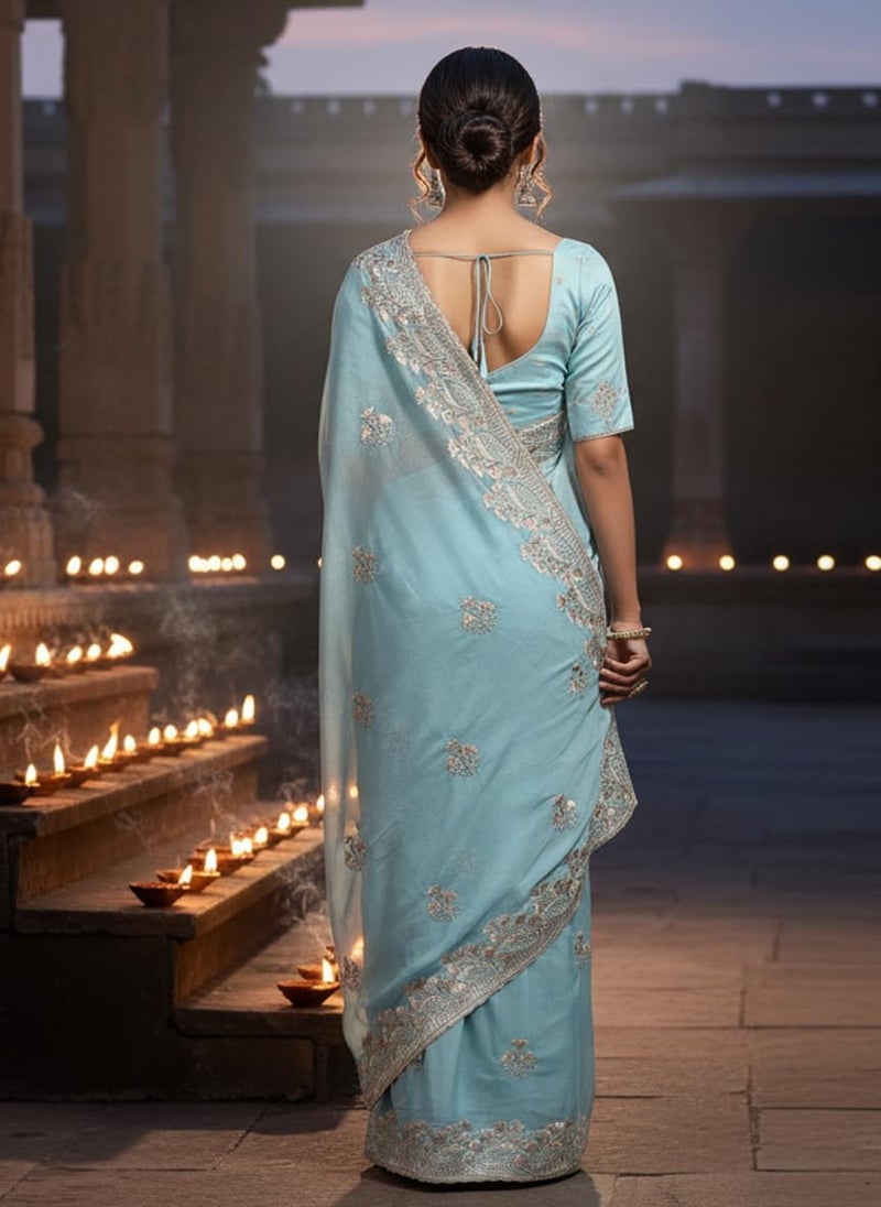 Glory Sarees Women's Georgette Silk Embroidery Work Saree With Blouse Piece (Mayura101_TurquoiseBlue) - Image 5
