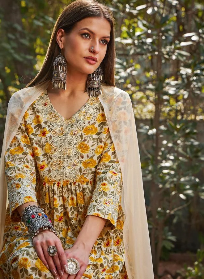 SASSAFRAS SASSAFRAS Yellow Floral Gathered Kurta with Pencil Pants and Dupatta Set