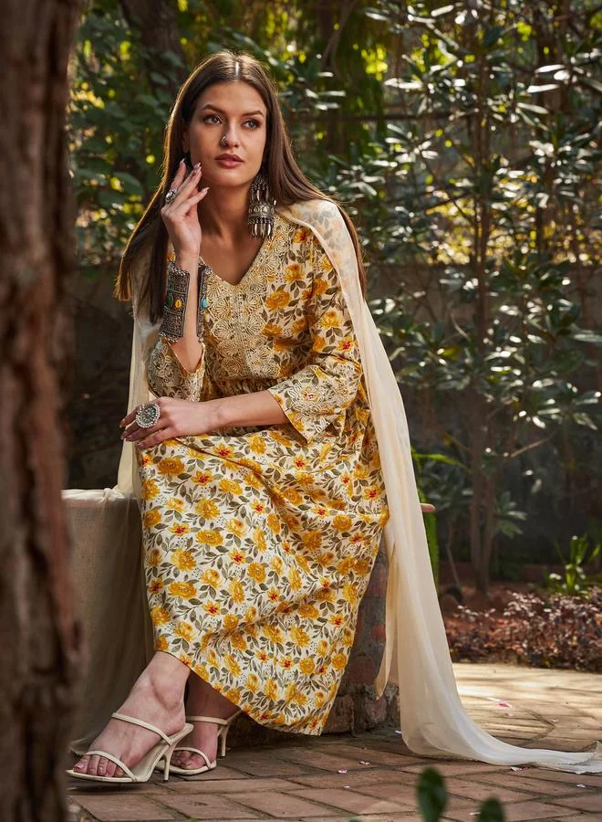 SASSAFRAS SASSAFRAS Yellow Floral Gathered Kurta with Pencil Pants and Dupatta Set