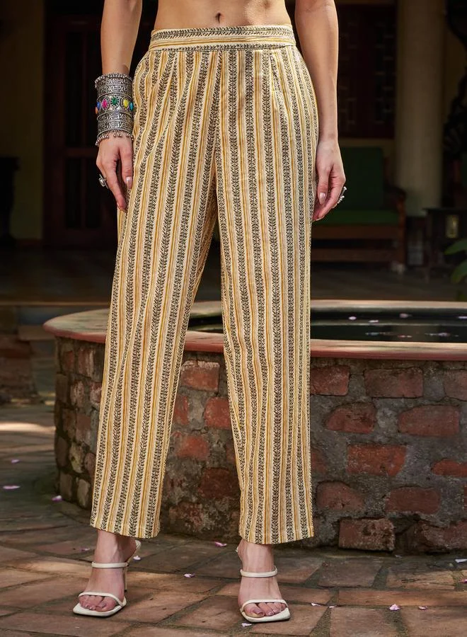 SASSAFRAS SASSAFRAS Yellow Floral Gathered Kurta with Pencil Pants and Dupatta Set