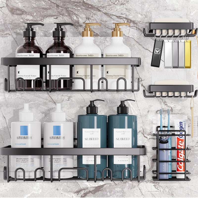 فيكن veken undarsive دش Caddy 5 عبوات الوزن الثقيلة تحمل رفوف الدش مثبتة على الحائط الكبير ملحقات تخزين منظم مع طبق الصابون وفرشاة الأسنان مثالية للحمام المنزل والمطبخ الأسود - Image 1