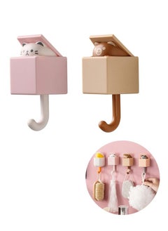 2 Pcs Creative Cartoon Strength Hanging Adhesive Coat Hooks, Cute Bear and the Cat Decoration ABS Waterproof Material Hooks, Bearing Capacity 2.5kg Wall Hooks (Brown+Pink)