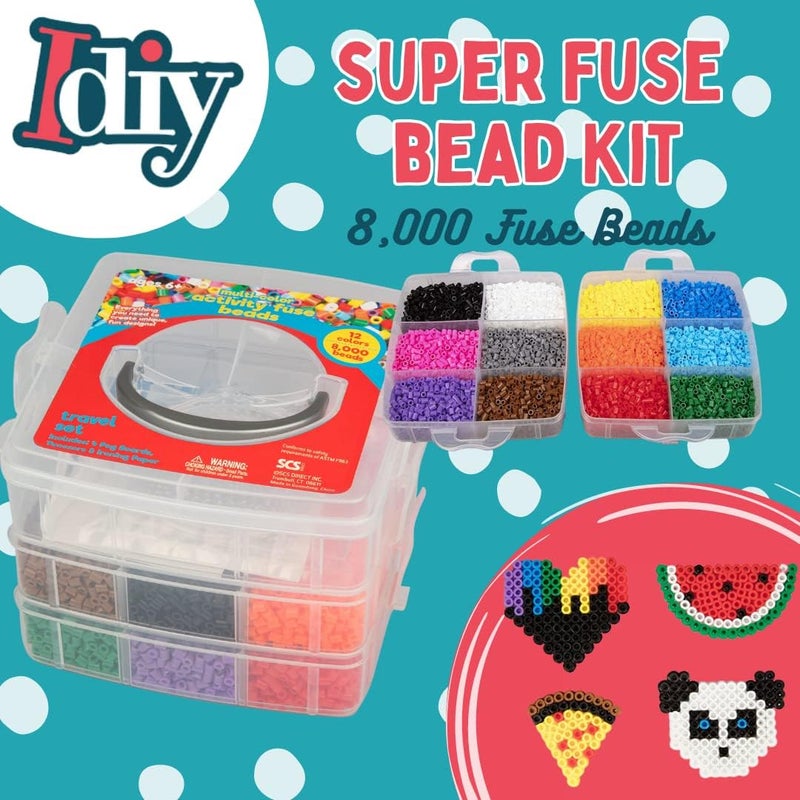 SCS Direct Fuse Beads Super Value Kit - 8000 Beads - Create Unique Designs - Includes 12 Colors, 4 Pegboards, Tweezers & Ironing Paper - DIY Arts & Craft Project for Kids Vacation, Camp, or Birthday Party Gifts - Image 2
