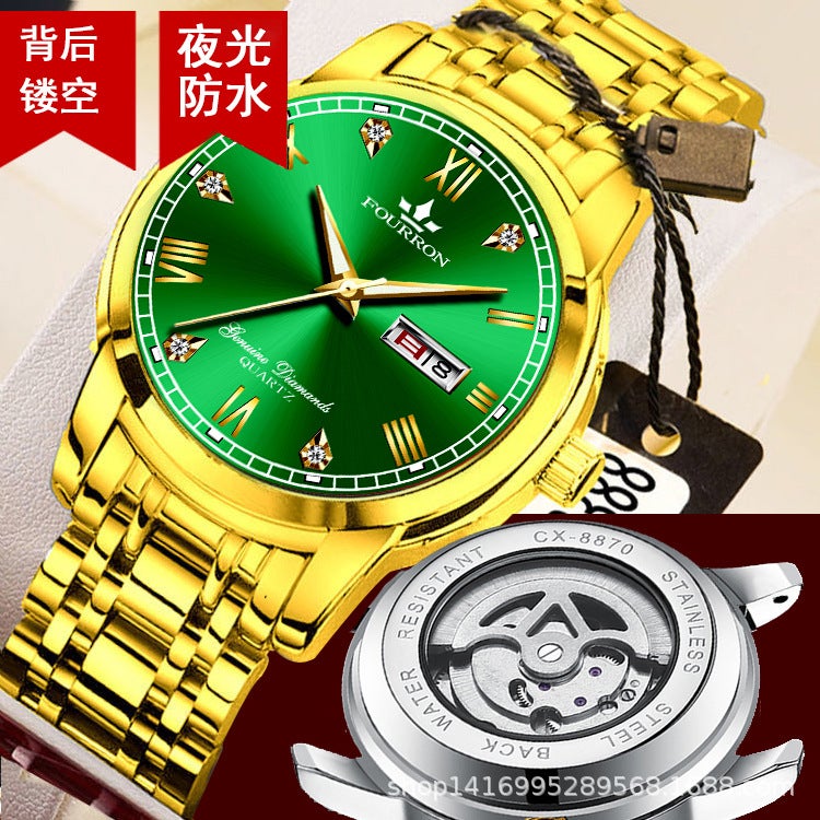 Double Calendar Luminous Waterproof Business Leisure Fashion Foreign Trade TikTok Hollow Through Bottom Mens Watch Quartz Hair Green face all gold