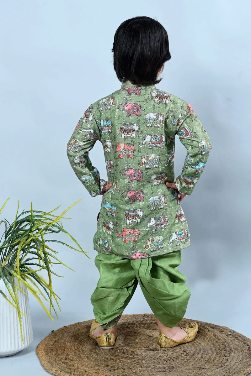 BT DEZINES طقم كورتا ودوتي قطن حرير أخضر بطبعة حيوانات للأولاد