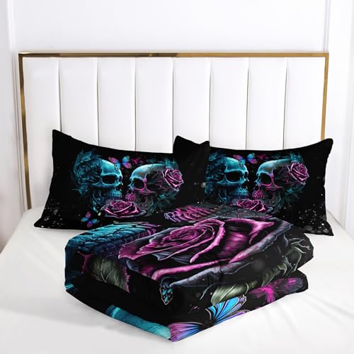Tuzaovy Skull Bedding Set Queen Size,Goth Bedding Sets Queen with Comforter,Skull Comforter Set,Rose Comforter Halloween Skull Bed Comforter,Blue Comforter Black Bedding Skull Quilt - Image 3