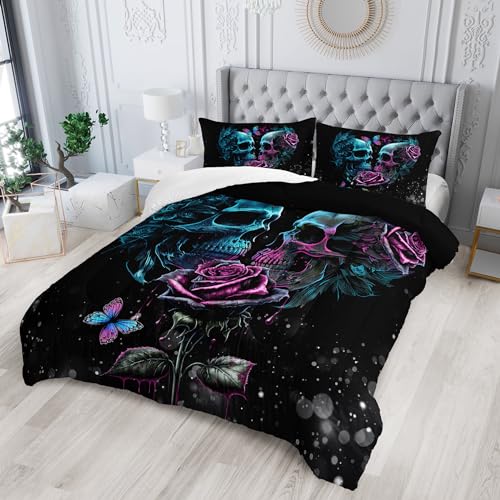 Tuzaovy Skull Bedding Set Queen Size,Goth Bedding Sets Queen with Comforter,Skull Comforter Set,Rose Comforter Halloween Skull Bed Comforter,Blue Comforter Black Bedding Skull Quilt - Image 2