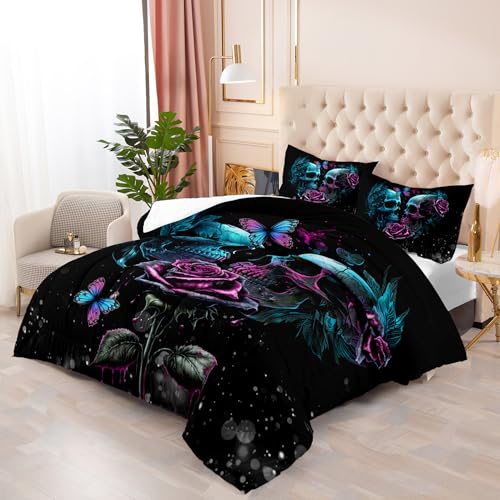 Tuzaovy Skull Bedding Set Queen Size,Goth Bedding Sets Queen with Comforter,Skull Comforter Set,Rose Comforter Halloween Skull Bed Comforter,Blue Comforter Black Bedding Skull Quilt - Image 4
