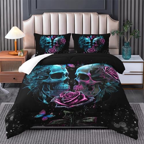 Tuzaovy Skull Bedding Set Queen Size,Goth Bedding Sets Queen with Comforter,Skull Comforter Set,Rose Comforter Halloween Skull Bed Comforter,Blue Comforter Black Bedding Skull Quilt - Image 1