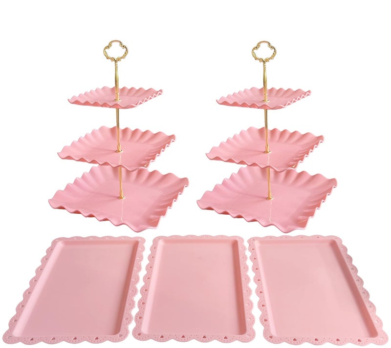 RAUVOLFIA 5 Pcs Cupcake Stand Set - Pink Plastic Dessert Table Display Set, 2x Pink Square 3 Tier Cupcake Display Stands Cookie Tray Rack Serving Tower & 3x 14 in Plastic Trays for Wedding Baby Shower Tea Party - Image 1