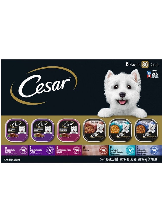 سيزار طعام الكلاب الرطب من سيزار هوم ديلايتس، عبوة متنوعة من رغيف كلاسيكي بالصلصة، 3.5 أونصة، صواني سهلة التقشير، 36 قطعة (عبوة واحدة) - Image 1