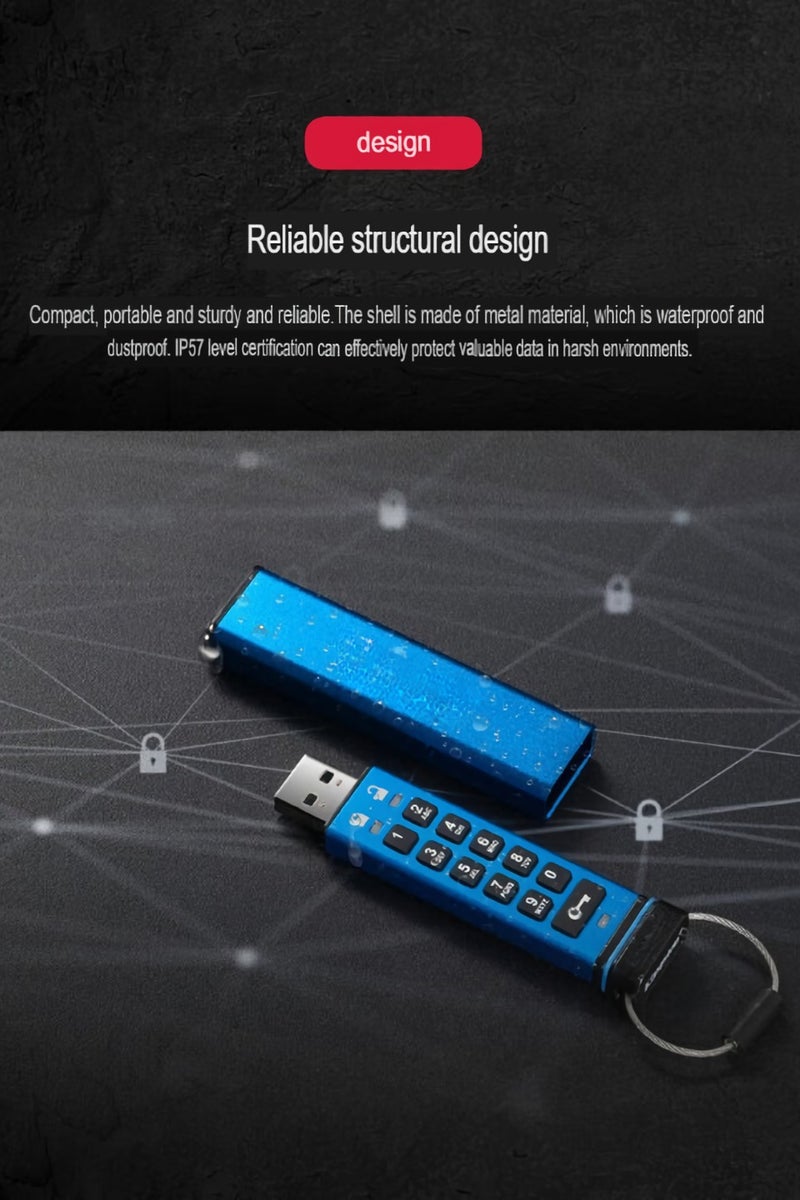 Keypad USB, Hardware Encryption USB Flash Drive, Metal Shell Durable Data Storage Drive, Portable USB Pen Drive For Laptops And Computers, (1pc, Blue, 64GB) - Image 2